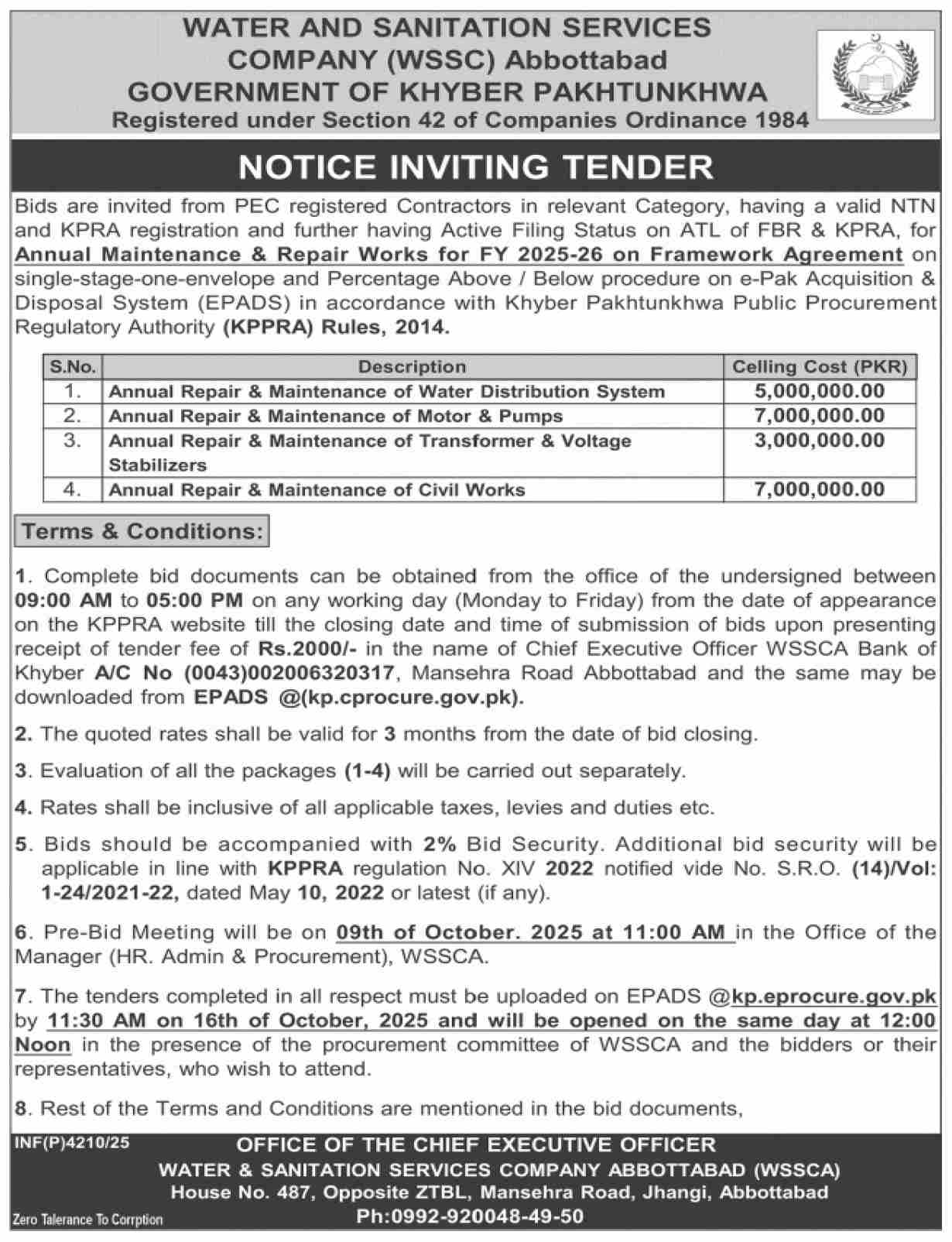 Water & Sanitation Services Abbottabad Tender Notice
